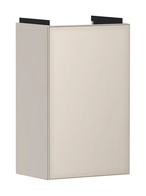 Sandbeiger Waschtischunterschrank von Hansgrohe mit matte Oberfläche, passend für Handwaschbecken, Türanschlag links, rechteckige Form ohne sichtbare Fächer.